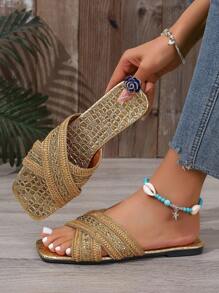 Women's Minimalist Boho Style Woven Gold Flat Sandals, Shiny Crocodile Pattern Fashion Cross Strap Comfortable Open Toe Sandals, New Summer Slip-On Sequin Decor Plus Size Flat Sandals Suitable For Vacation And Party, Elegant Breathable Cool Gold Slipper, Slim Casual Campus Shining Sandals Suitable For Outdoor, Beach, Entertainment And Office, Sexy Women Shoes