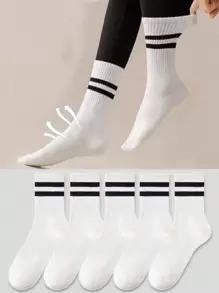 32pcs/24pcs/20pcs/18pcs/12pcs/6pcs/4pcs/2pcs Women Crew Neck Socks, Shark Design & Striped Casual Knee High Socks, Thick & Soft, White Color, Suitable For Casual, Sport, Office Wear, All Seasons