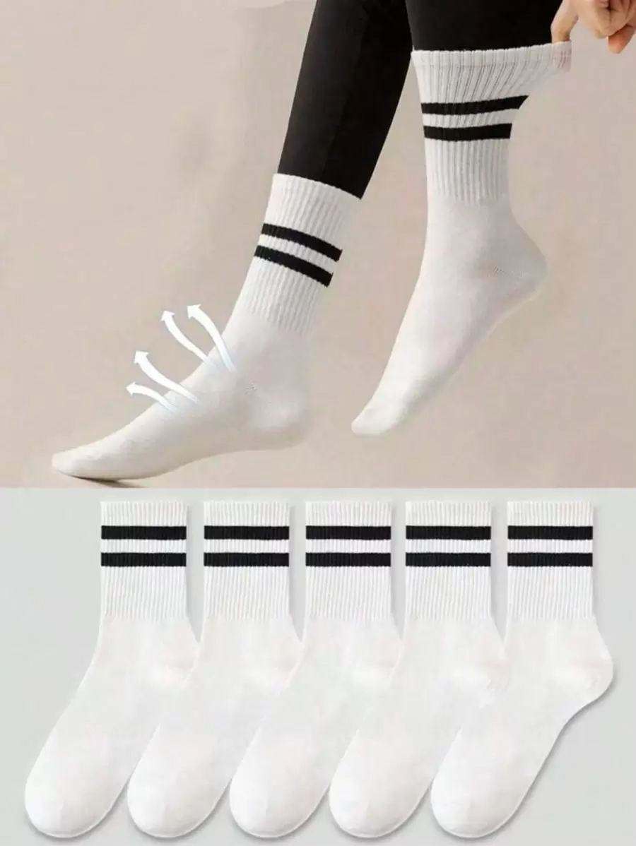 32pcs/24pcs/20pcs/18pcs/12pcs/6pcs/4pcs/2pcs Women Crew Neck Socks, Shark Design & Striped Casual Knee High Socks, Thick & Soft, White Color, Suitable For Casual, Sport, Office Wear, All Seasons