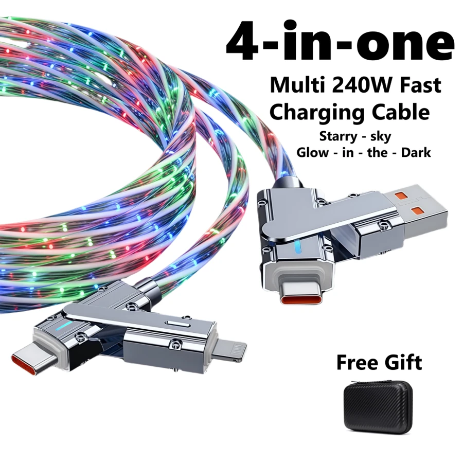 240W 4-In-1 USB Charging Cable – High-Speed Charging And Data Transfer Compatible With IPhone 15/16, IPad Pro, And Other Devices, Perfect For Home, Office, And Travel,Starry Night Glow Compatible With IPhone, Android, Camera, MP3 Universal Adapter - Starry Sky - View 1