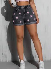 Women's High Waist Heart Embroidered Denim Shorts, Rolled Hem, Cute & Versatile, Suitable For School, Vacation, Festivals, Spring/Summer, Dance Parties - Black - View 4