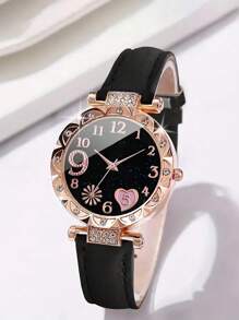 2pcs/1set Elegant And Fashionable Watch For Women PU Leather Watch Straps Bracelet With Rhinestones Classic Casual Multifunctional Fashion Style Best Gifts