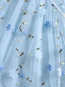 女孩夏季时尚公主风格 3D 花卉网眼蝴蝶结装饰无袖连衣裙，配有斜挎包