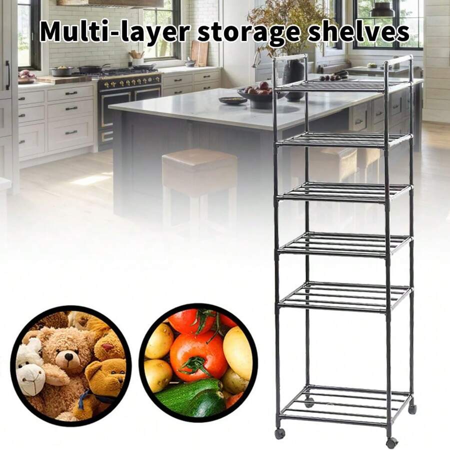 KITCHEN SHELVES 6 TIER UNIT RACKING HEAVY DUTY STORAGE ORGANIZATION SHELF WITH PULLEY - Black - View 1
