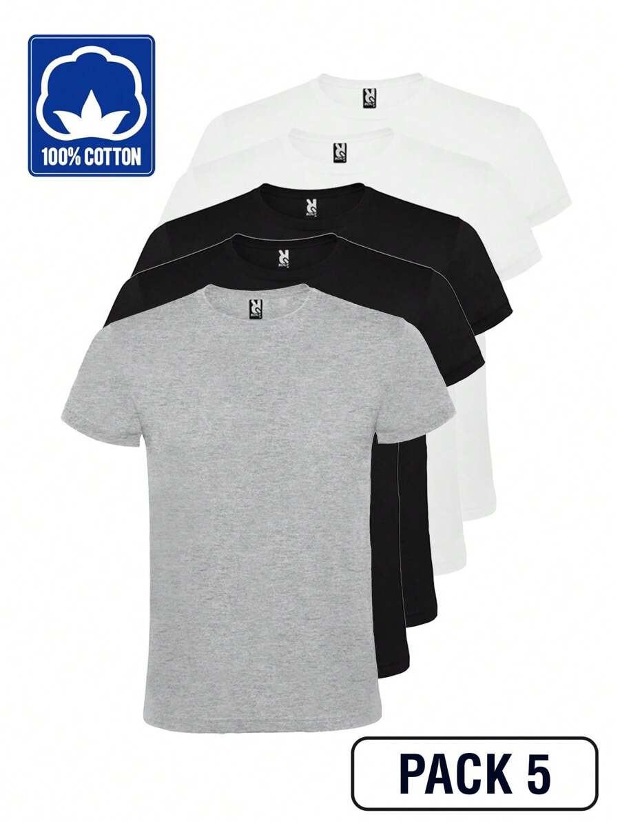 Roly Gói 5 áo phông tay ngắn Atomic (Giao hàng trong vòng 48 giờ) – Nhiều kích cỡ – Màu sắc Xám (1), Trắng (2), Đen (2) – 100% cotton, cổ tròn đôi, đường may gia cố, vải ống, áo phông cơ bản, áo phông unisex, áo phông giá rẻ. - Xám, Trắng và Đen - Xem 1