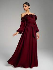 SUPGIR Off-Shoulder Kleid mit Laternärmeln, floralem Dekor, elegantes A-Linien Langkleid, Brautjungfernkleid