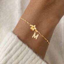 1pc New Fashion Gold Color Pave Zirconia Flower Initial Classic Stainless Steel Lip Chain Bracelet For Women