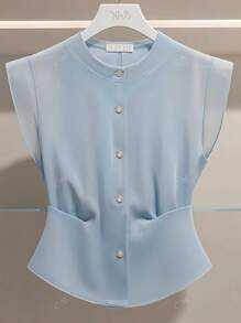 Summer Women's Clothing, French Women's Wear, Elegant Solid-Color Chiffon Button Women's Stand-Up Collar Shirt, Versatile Summer Top For Commuting And Shopping