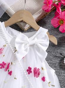 女童 3D 花卉网眼蝴蝶结装饰露背连衣裙，配单肩包，时尚优雅夏季 - 玫紅色 - 查看 4