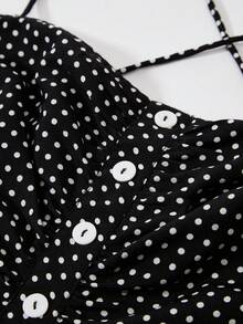 Floreya Summer Holiday Polka Dot Print Strapless Off Shoulder Buttoned Back Mini Dress, Fashion Retro Black Polka Dot Spaghetti Strap Ruffle A-Line Short Dress, French Minimalist Strapless Bodycon Dress - Black and White - View 9