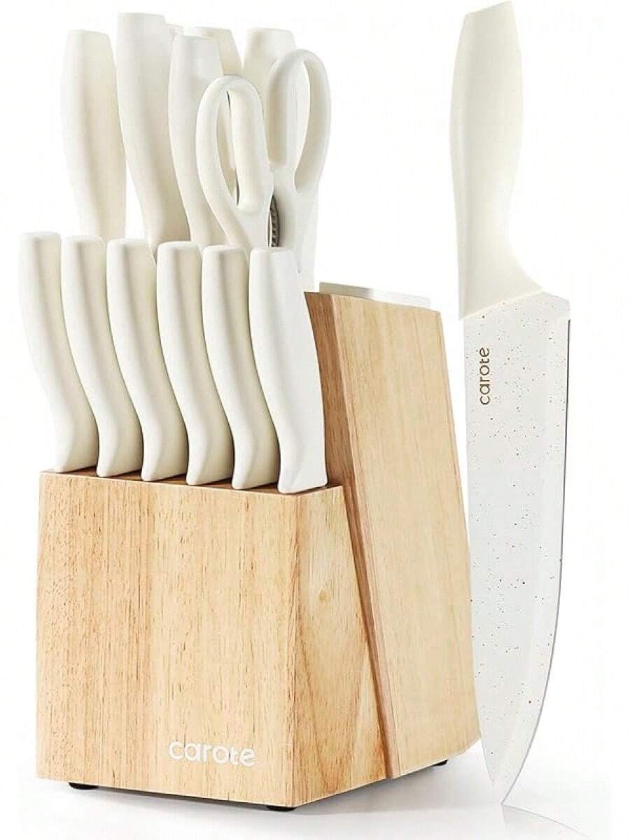 CAROTE 11 Pieces Knife Set With Block For Kitchen, Stainless Steel Razor-Sharp Blade, Triple Riveted Ergonomic Handle, Wooden Magnetic Block, Essential Knife Block Set, Beigeprompt Goods - White - View 1