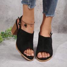Women's Black Chunky Heel Square Toe Strap Fishmouth Platform Sandals, Versatile And Height-Increasing