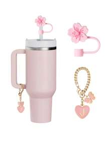 兼容 杯配件 1 件黑粉色吸管盖，用于杯吸管盖，1 件可爱心形字母和圆形字母饰物，适用于 30&40 盎司带手柄玻璃杯，字母饰物配件的长度为 3.94 英寸。个性化字母配件