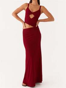 Vestido camisola largo para mujer, sin mangas, con escote en V, corte entallado, espalda descubierta y bajo calado, vestido largo de verano, ideal para cócteles. - Burdeos - Ver 4