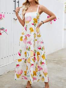 水果阳光海滩度假休闲随机印花喇叭长款吊带连衣裙，波西米亚风格夏季连衣裙