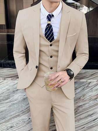 3 Piezas Traje de Negocios para Hombre, Ajuste Slim de unicolor Atuendo de Novio para Boda, Vestimenta Formal de Lujo para Oficina, Chaqueta, Chaleco y Pantalones de Traje de Moda Casual de Solapa Sencilla
