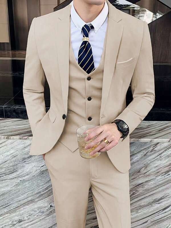 Traje de negocios para hombre de 3 piezas, ajuste slim, unicolor, traje de novio para boda, lujoso atuendo de oficina, tuxedo casual de moda con chaqueta de 1 botón, chaleco y pantalones