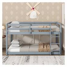 Twin Over Twin Floor Low Bunk Bed With Safety Guardrail, Climbing Ladder, Easy To Assemble, Saving Space, Bed Bedroom Storage Guard Rail Ladder Grey