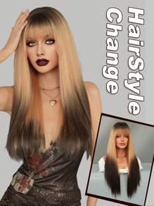 AKAKO 26 英寸女士长直假发，带刘海，渐变金色华丽蓬松假发，适合日常优雅百搭时尚配饰，适合女孩音乐节派对街头装、摄影使用 - 漸變金色 - 查看 2