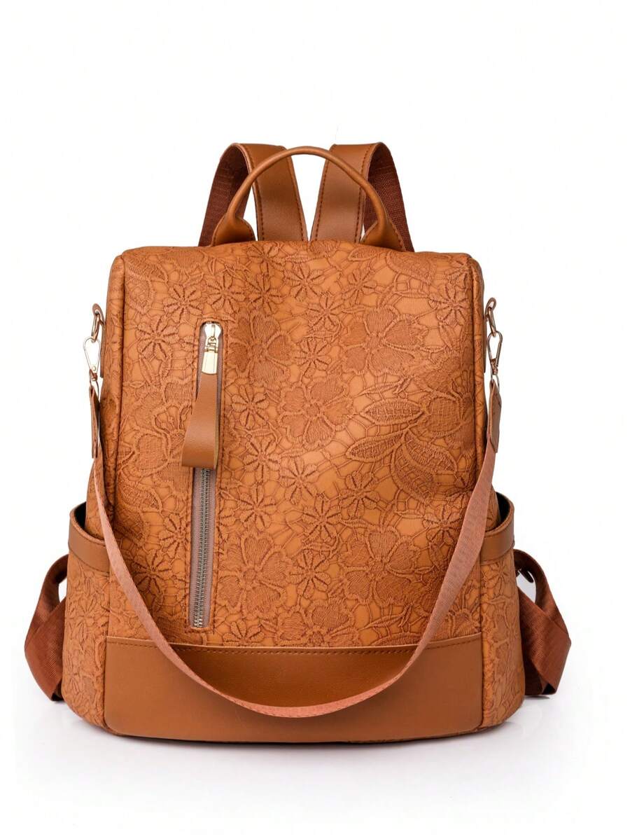 LECEY Retro Fashionable Anti-Theft Embroidery Patchwork Functional Backpack, School Backpack - Khaki - View 1