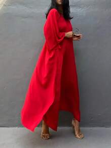 Plus Size Women Elegant Solid Casual Robe, Batwing Sleeves, Loose Fit Robe, Perfect For Spring/Summer/Autumn - Red - View 5