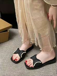1 Pasang Sandal Wanita Model Flat Ujung Persegi dengan Hiasan Pita dan Mutiara, Serbaguna untuk Dipakai di Musim Semi/Panas, Cocok untuk Pantai, Resor, Pernikahan, dan Pesta - Hitam - View 7
