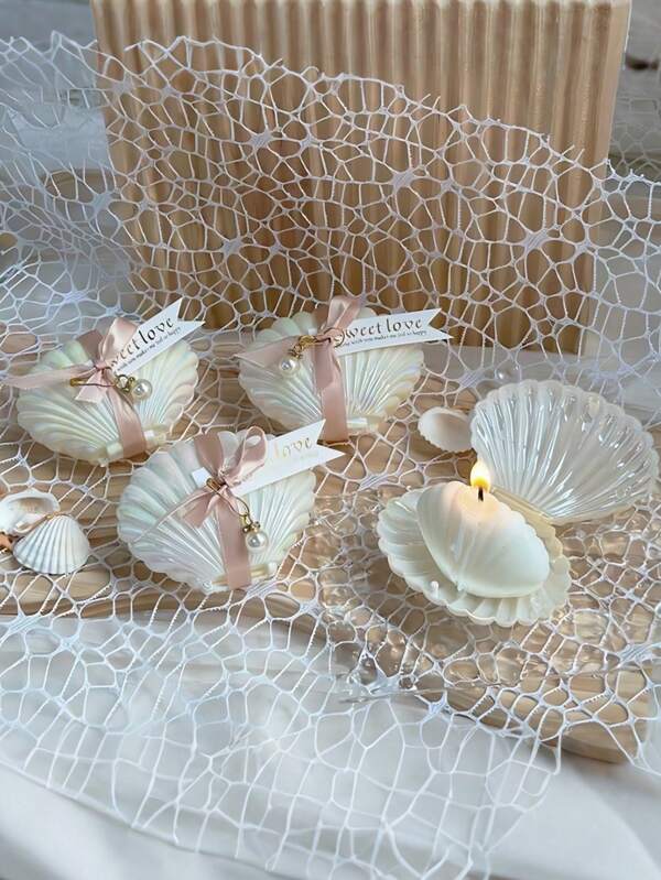 10pcs(Set Consists Of 1 Shell Shaped Scented Candle + 1 Shell Gift Box + A Wedding Ribbon + Pendant + A Tag)/10pcs Shell Scented Candle Decoration Set, Faux Faux Pearl Candle Set, Wedding Party Table Decoration Candle, Small Orchid Scent, Soy Wax, Candle Placed In Acrylic Box With Ribbon Card, Wedding Ceremony, Holiday Gifts, Home Decoration Decoration, Halloween, Valentine's Day, Birthday Party, Room Decoration, Gift Graduation