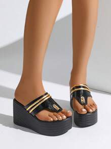 Women's Fashionable Slip-On Shoes With Anti-Slip Soles, Lightweight And Suitable For Wearing With Dresses, Pants, Casual Occasions, Increases Height And Slimming Effect, Daily Casual Flip-Flop Sandals For Summer,Wedge Sandals,Flip Flops - Black - View 4