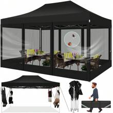 tooluck 10x15 Pop Up Canopy Tent With 4 Sidewalls, Heavy Duty Easy Up Outdoor Canopy With Mosquito Net Pop Up Screen Tent For Parties, Screened Canopy For Backyard With Handbag - 黑色 - 查看 2