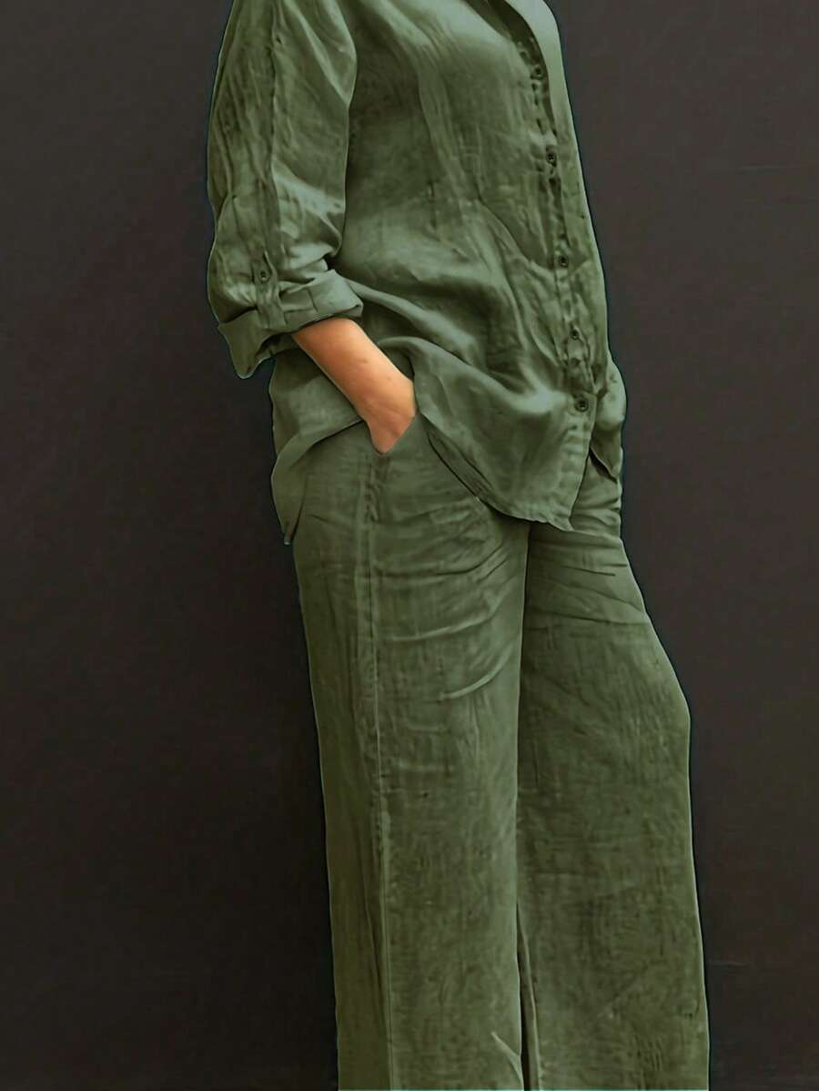 Thin Polo Collar Casual Cardigan, Versatile Solid Color Elegant Blouse Top Suitable For Beach, Daily, Commuting, Work, Shopping, Soft & Comfortable Fabric, Elastic Waist Loose Pants, 2-Piece Set, Spring/Summer/Autumn - Green - View 1