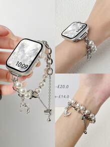 1pc Faux Pearl Bracelet Stainless Steel Watch Band Compatible With IWatch 46/38/40/41/42/44/45/49mm, Applicable To Series 10/9/Ultra/SE/8/7/6/5/4/3/2/1, Mi Band 9Pro/8Pro, Watch Fit 4/3/2/1, Redmi Watch 5/4