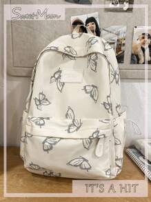 1pc White Nylon Casual Lightweight Butterfly Allover Print Large Capacity Foldable Water-Resistant Multipocket Zipper Backpack, Suitable For Teenagers, High School & College Students, Daily Commute, Travel, Graduation Gift