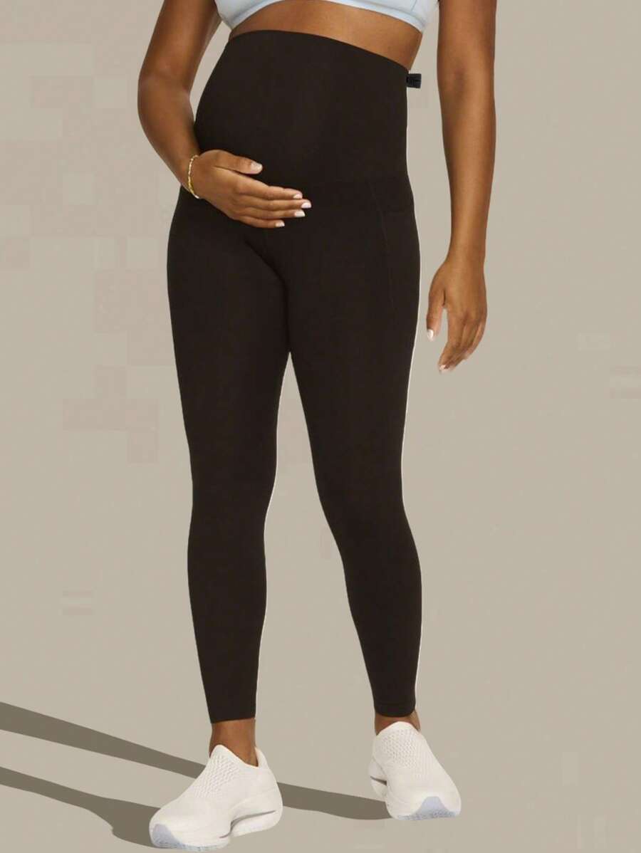 Plus Size Maternity High Waist Yoga Pants, Fitted Pockets Leggings, Shapewear Workout Tights - Black - View 1