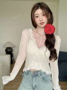 Women's Blue Lace Trim V-Neck Cover Up, Cute Back To School Summer Shawl Lightweight Outerwear