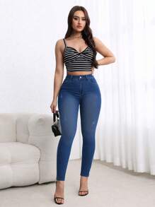 Skinny Denim Jeans Cut With Diagonal Pockets, Versatile And Comfortable Elegant Skinny Jeans For Women Denim For Women - 藍色 - 查看 2