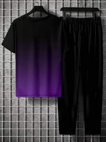 Conjunto de camiseta de manga corta con cuello redondo y pantalón largo con estampado de degradado para hombre