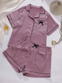 Conjunto de pijama de 2 piezas de mujer talla grande, con blusa de satén con bordado de lazo y manga corta, y pantalón corto, ropa de descanso casual para el verano y vacaciones