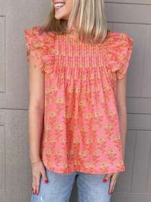 Women's Rose Red Floral Print Cap Sleeve Ruffle Trim High Neck Vacation Blouse - Orange - View 3