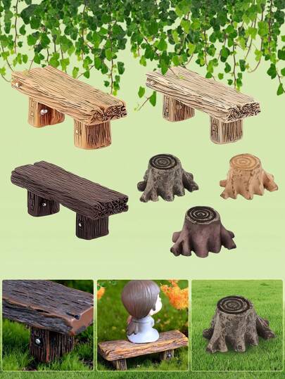 Set de 6 piezas de decoración de jardín en miniatura, taburete de madera vintage, sistema de raíces artificiales en miniatura, adecuado para paisaje de musgo micro, decoración interior/exterior, figuras de madera, decoración de jardín de hadas, regalo de verano hawaiano
