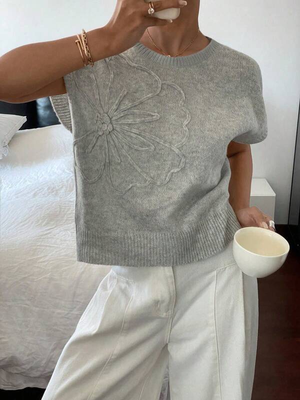 Knit Mix Elegant Women's Chic Slouchy Loose Fit Knit Vest Sleeveless Casual Elegant Spring Summer Versatile Daily Basic Tops Back To School Modest Vintage Old Money Fall Women Clothes Autumn Winter,Suitable For Christmas, Thanksgiving, And New Year (Flower Position Is Random)