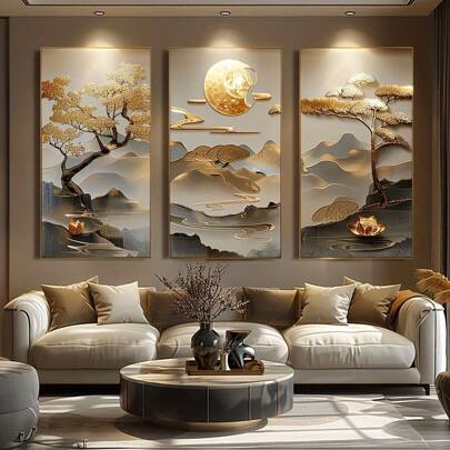 3 件/套装饰油画艺术，生命之树和莲花风景，现代古典风格，丙烯艺术，垂直方向无框，适用于客厅、卧室、家庭办公室、浴室、餐厅 - 室内墙面装饰，无框