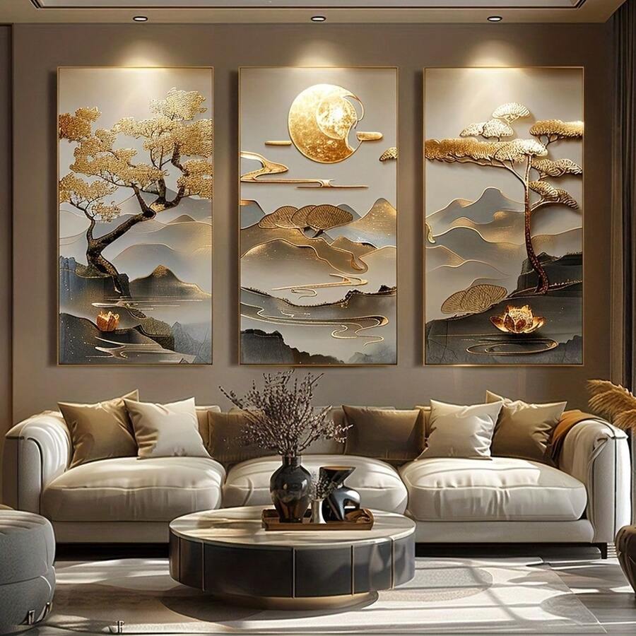 3 件/套装饰油画艺术,生命之树和莲花风景,现代古典风格,丙烯艺术,垂直方向无框,适用于客厅、卧室、家庭办公室、浴室、餐厅 - 室内墙面装饰,无框 - 彩色 - 查看 1