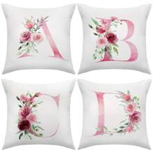 1pc Alphabet Floral Pillow Cover - A To Z English Letters Pink Print, 18x18 Inches - Contemporary Throw Pillow Case For Sofa, Living Room, Bedroom Decor - Single-Sided Printing, No Insert - For Home Decor Enthusiasts