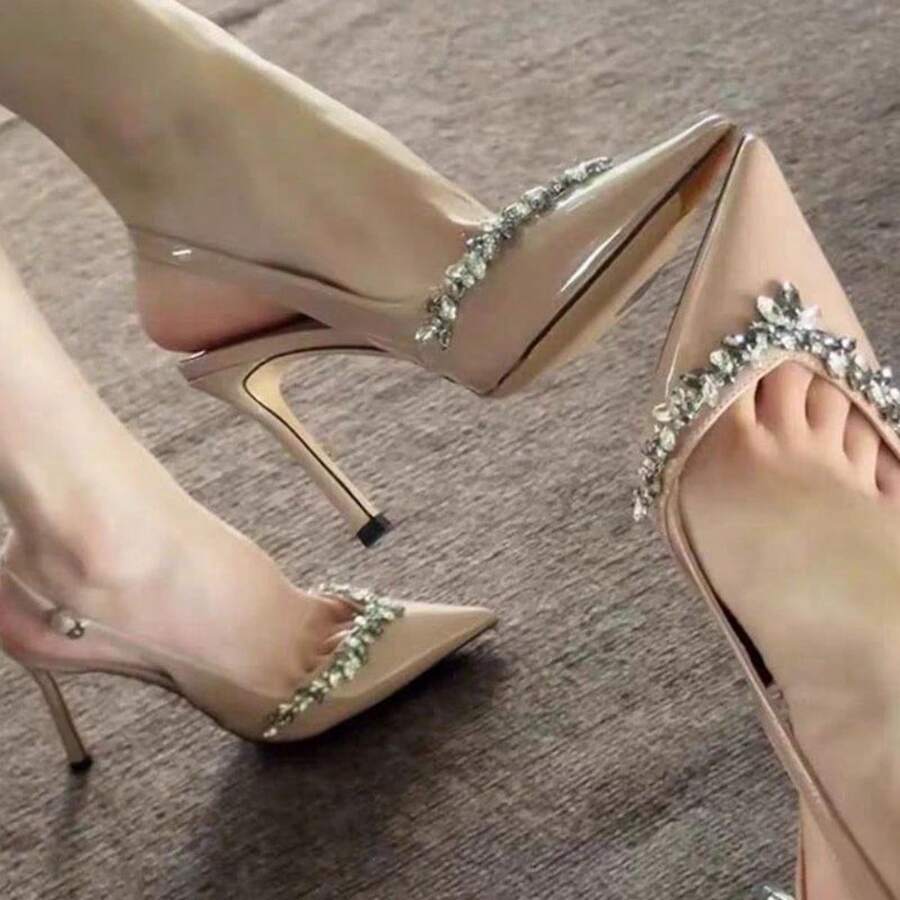 Zapatos de tacón alto de recubierto para mujer, de color nude, con punta baja y pedrería para otoño e invierno