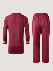 2pcs/Set Men's Burgundy Red Dashiki, Golden Embroidery, Long Sleeve, Round Neck, Elastic Waist Pants, African Clothing, Men's Casual Shirt & Pants 2 Pieces Set, New For All Season, Street Style, Parties, Dates, Weddings, Cultural Events, Traditional Ceremonies - Burgundy - View 4