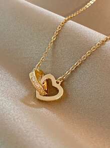 1pc Elegant Versatile Heart Shaped Double Ring Pendant Necklace, Lightweight Luxurious Design Necklace For Women, Suitable For Daily Wear, Gift For Valentine's Day, Mother's Day, Wedding Engagement