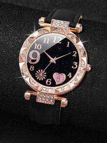 2pcs/1set Elegant And Fashionable Watch For Women PU Leather Watch Straps Bracelet With Rhinestones Classic Casual Multifunctional Fashion Style Best Gifts