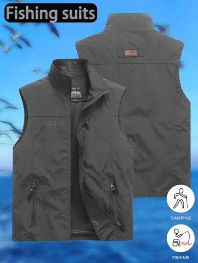 Nueva Chaleco de pesca ligero para exteriores para hombre, chaqueta sin mangas tipo cargo con múltiples bolsillos, cuello alto, para primavera/verano/otoño