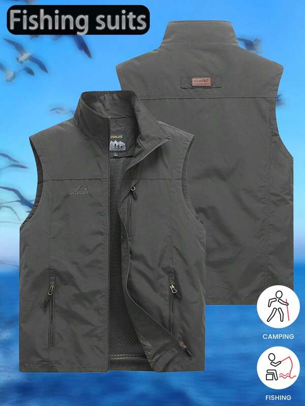 Nouveau gilet de pêche léger pour hommes, style veste sans manches cargo avec plusieurs poches, col montant, printemps/été/automne