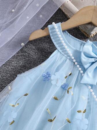 Girls' Summer Fashion Princess Style 3D Floral Mesh Bow Decor Sleeveless Dress With Crossbody Bag